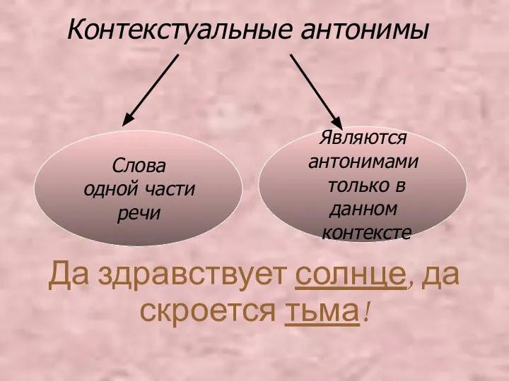 Контекстуальные антонимы Да здравствует солнце, да скроется тьма! Слова одной части