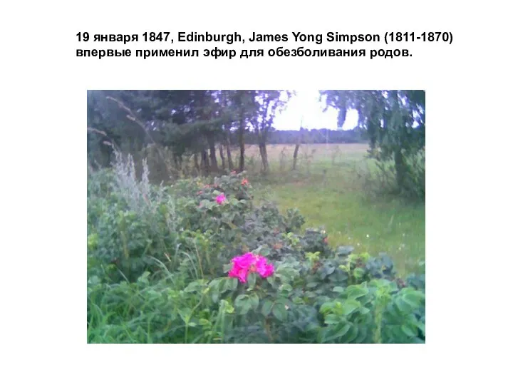 19 января 1847, Edinburgh, James Yong Simpson (1811-1870) впервые применил эфир для обезболивания родов.