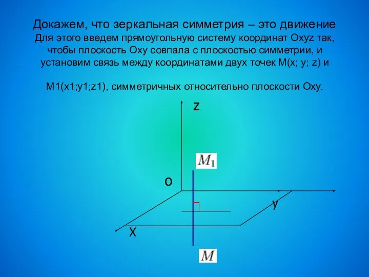 Докажем, что зеркальная симметрия – это движение Для этого введем прямоугольную