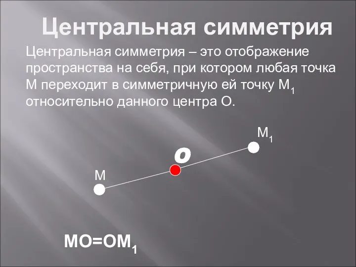 M M1 MO=OM1 O Центральная симметрия Центральная симметрия – это отображение