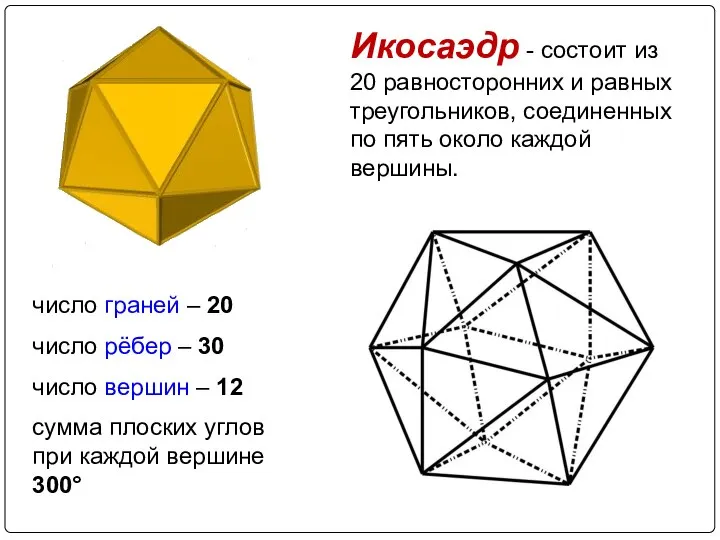 Икосаэдр - Икосаэдр - состоит из 20 равносторонних и равных треугольников,