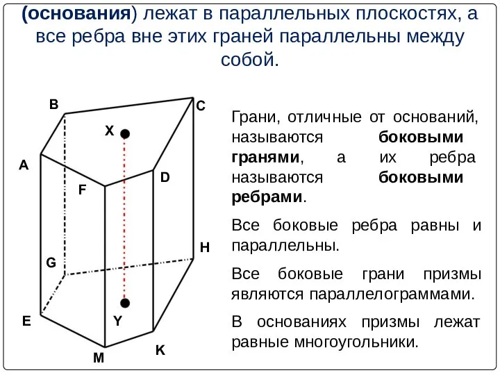 Призма – это многогранник, у которого две грани (основания) лежат в