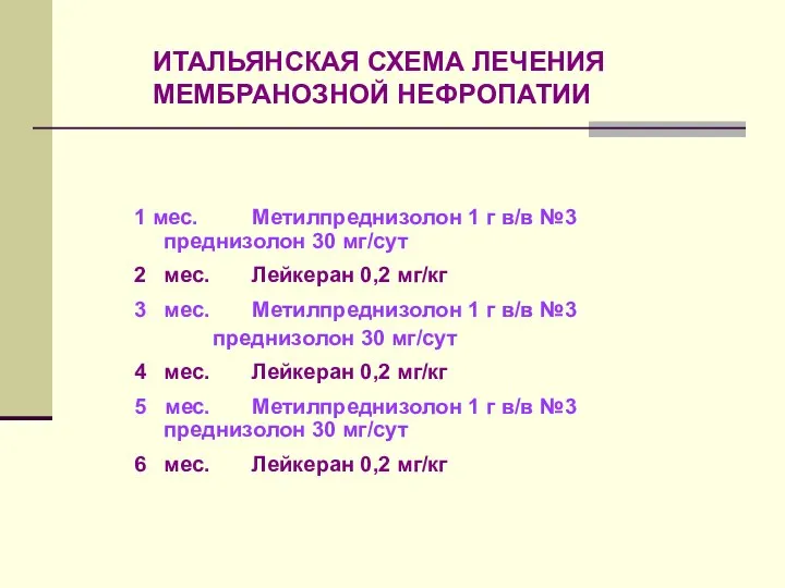 ИТАЛЬЯНСКАЯ СХЕМА ЛЕЧЕНИЯ МЕМБРАНОЗНОЙ НЕФРОПАТИИ 1 мес. Метилпреднизолон 1 г в/в