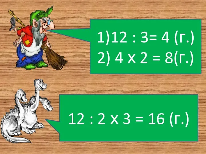 1)12 : 3= 4 (г.) 2) 4 х 2 = 8(г.)