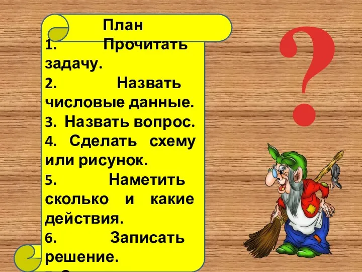 ? План 1. Прочитать задачу. 2. Назвать числовые данные. 3. Назвать