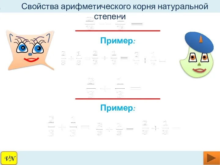 VN Свойства арифметического корня натуральной степени Пример: Пример: