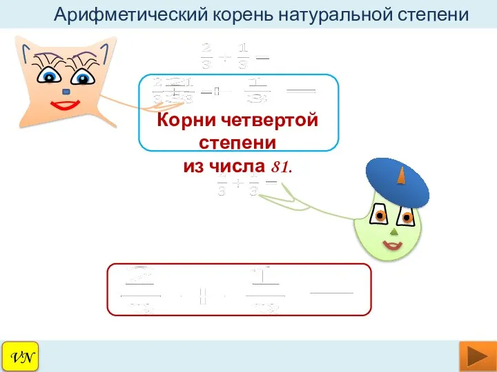 VN Арифметический корень натуральной степени Корни четвертой степени из числа 81.