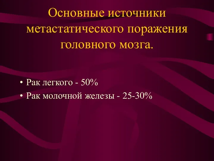 Основные источники метастатического поражения головного мозга. Рак легкого - 50% Рак молочной железы - 25-30%