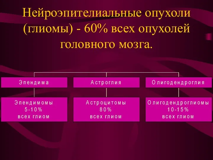 Нейроэпителиальные опухоли (глиомы) - 60% всех опухолей головного мозга.