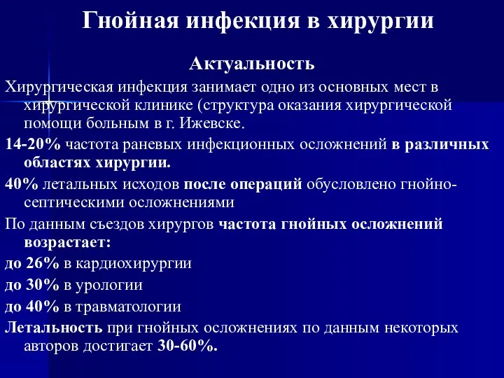 Гнойная инфекция в хирургии Актуальность Хирургическая инфекция занимает одно из основных