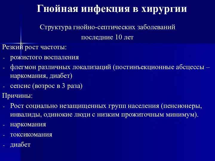 Гнойная инфекция в хирургии Структура гнойно-септических заболеваний последние 10 лет Резкий