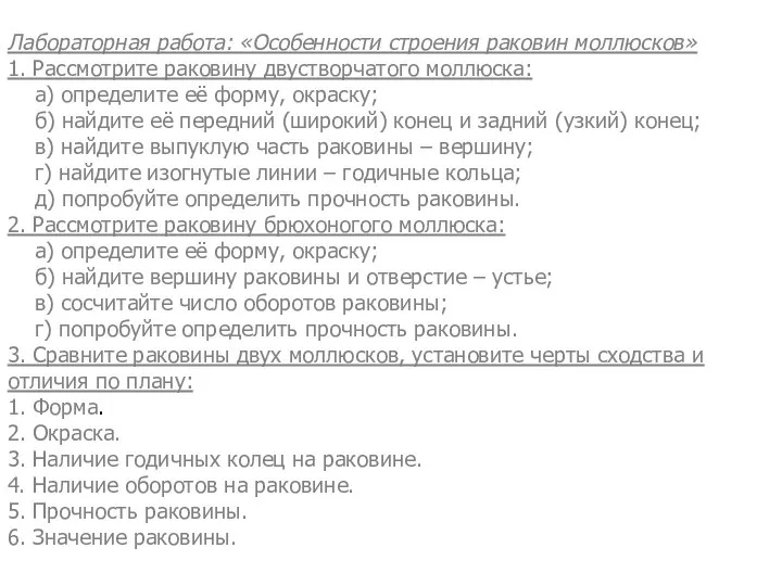 Лабораторная работа: «Особенности строения раковин моллюсков» 1. Рассмотрите раковину двустворчатого моллюска: