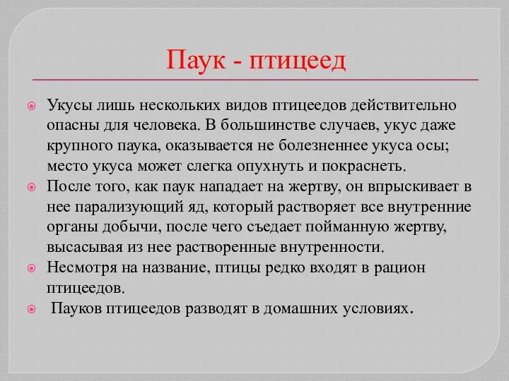 Паук - птицеед Укусы лишь нескольких видов птицеедов действительно опасны для