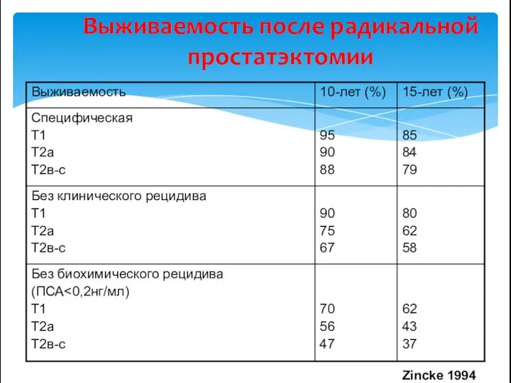 Выживаемость после радикальной простатэктомии Zincke 1994