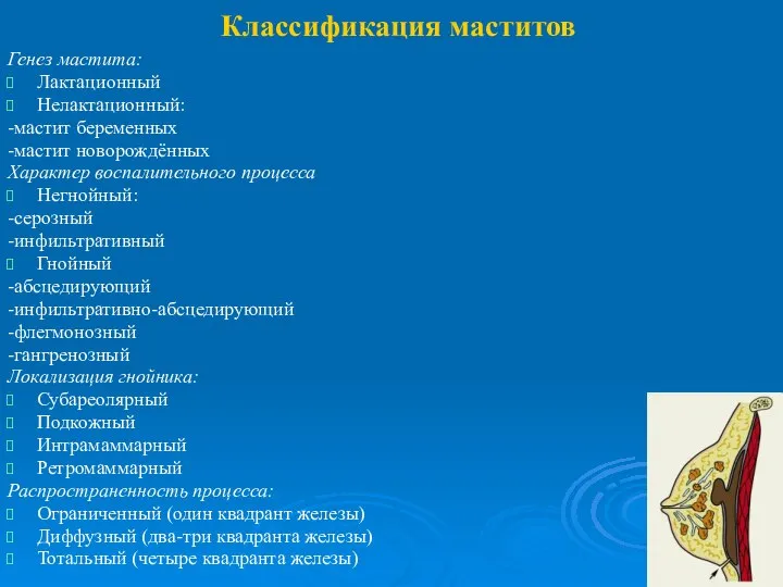 Классификация маститов Генез мастита: Лактационный Нелактационный: -мастит беременных -мастит новорождённых Характер