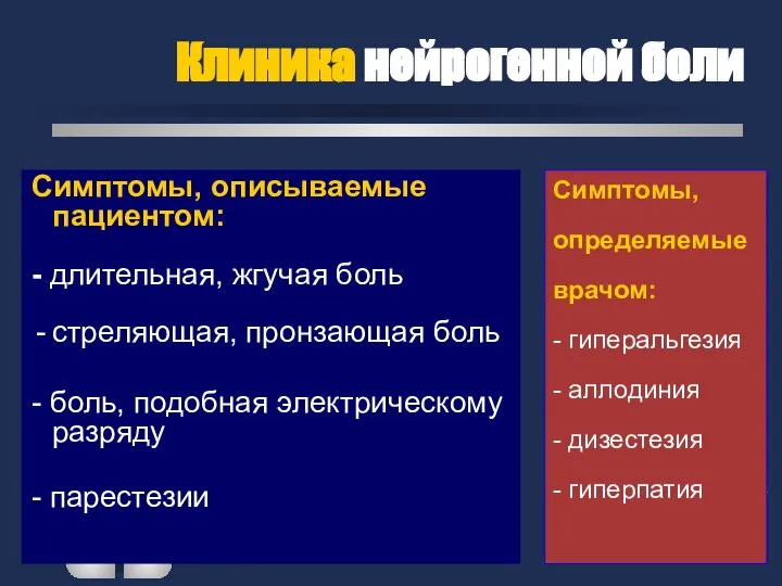 Клиника нейрогенной боли Симптомы, описываемые пациентом: - длительная, жгучая боль стреляющая,