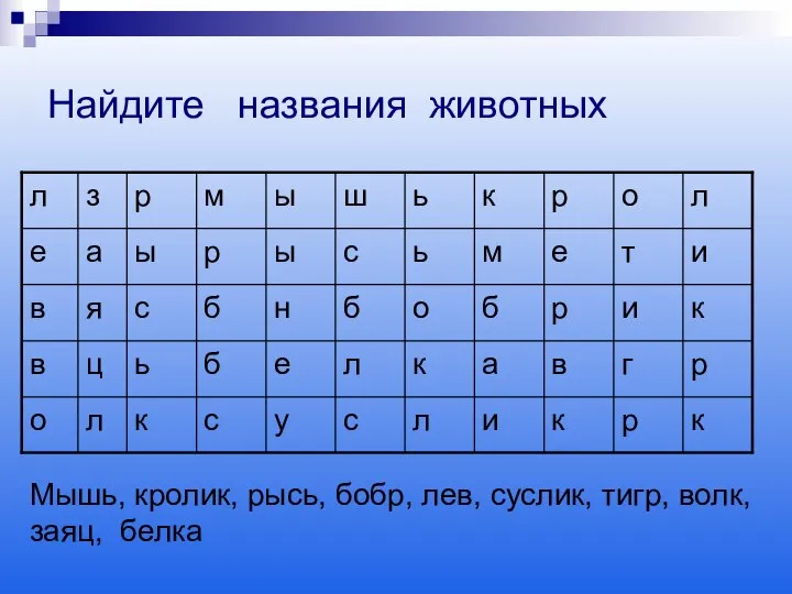 Найдите названия животных Мышь, кролик, рысь, бобр, лев, суслик, тигр, волк, заяц, белка