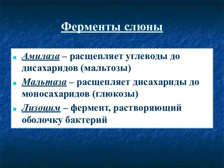 Ферменты слюны Амилаза – расщепляет углеводы до дисахаридов (мальтозы) Мальтаза –