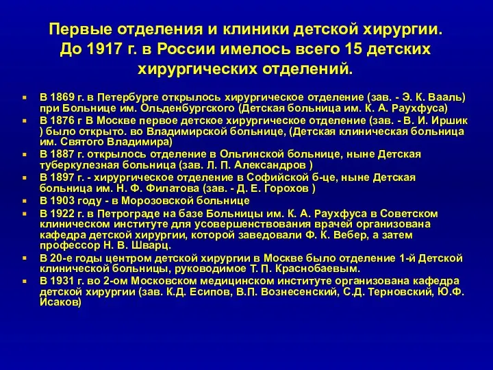 Первые отделения и клиники детской хирургии. До 1917 г. в России