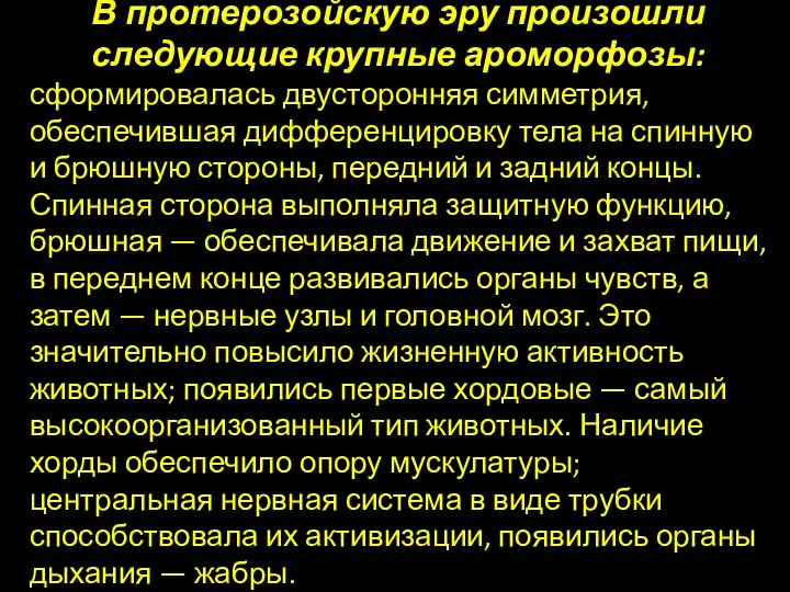 В протерозойскую эру произошли следующие крупные ароморфозы: сформировалась двусторонняя симметрия, обеспечившая