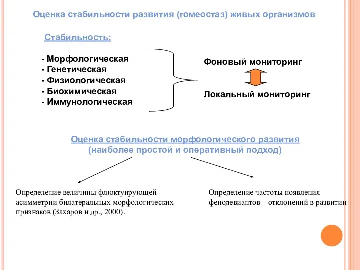 Оценка стабильности развития (гомеостаз) живых организмов Стабильность: Морфологическая Генетическая Физиологическая Биохимическая