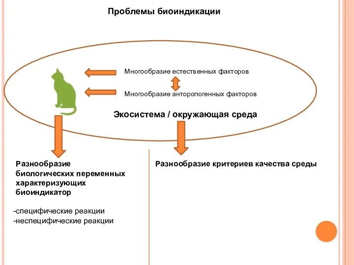 Экосистема / окружающая среда Разнообразие биологических переменных характеризующих биоиндикатор специфические реакции