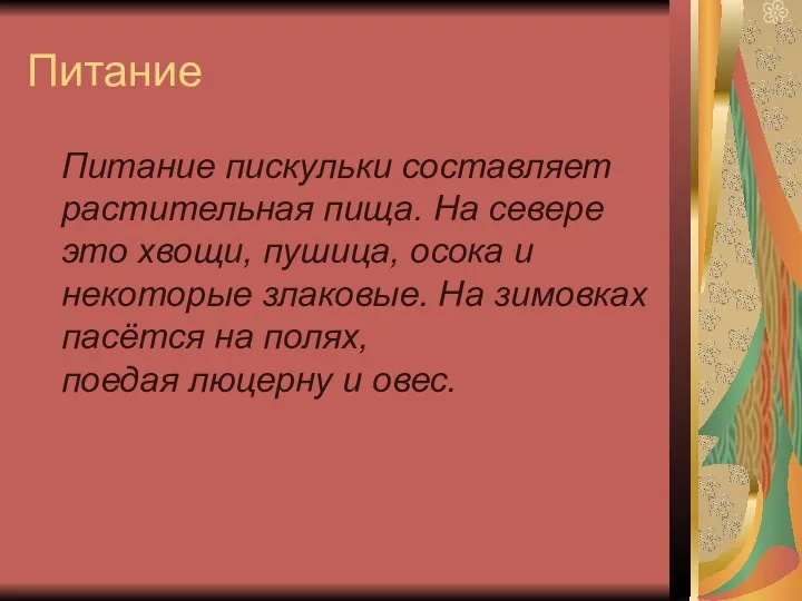 Питание Питание пискульки составляет растительная пища. На севере это хвощи, пушица,