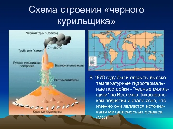 Схема строения «черного курильщика» В 1978 году были открыты высоко-температурные гидротермаль-ные