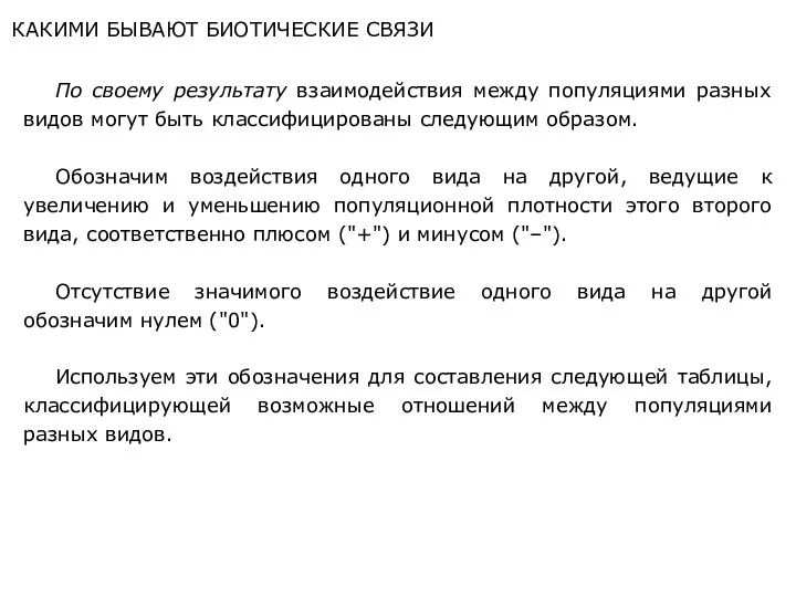 КАКИМИ БЫВАЮТ БИОТИЧЕСКИЕ СВЯЗИ По своему результату взаимодействия между популяциями разных