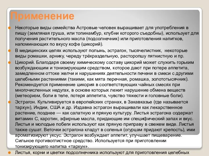 Применение Некоторые виды семейства Астровые человек выращивает для употребления в пищу