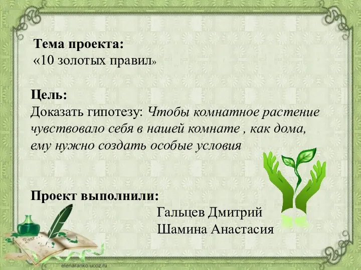 Тема проекта: «10 золотых правил» Цель: Доказать гипотезу: Чтобы комнатное растение