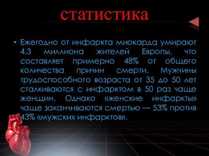 статистика Ежегодно от инфаркта миокарда умирают 4,3 миллиона жителей Европы, что