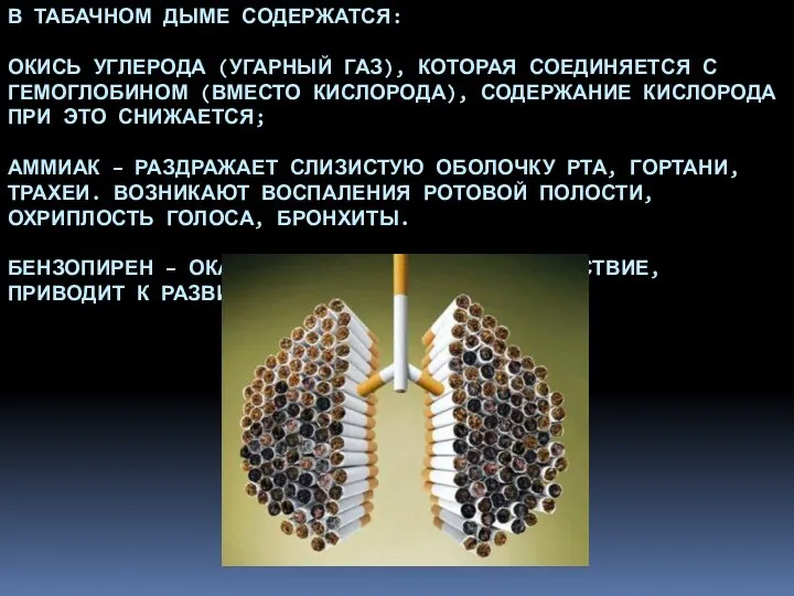 В ТАБАЧНОМ ДЫМЕ СОДЕРЖАТСЯ: ОКИСЬ УГЛЕРОДА (УГАРНЫЙ ГАЗ), КОТОРАЯ СОЕДИНЯЕТСЯ С