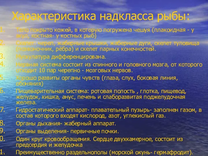 Характеристика надкласса рыбы: Тело покрыто кожей, в которую погружена чешуя (плакоидная