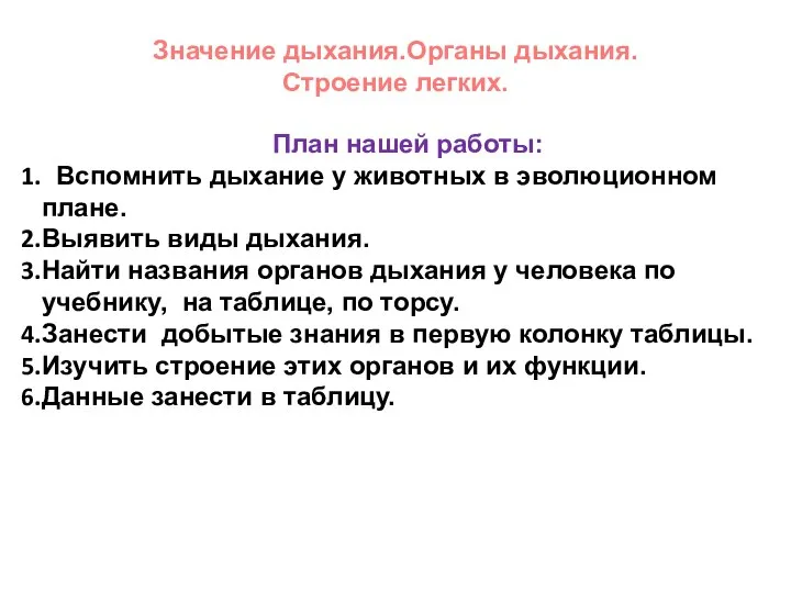 Значение дыхания.Органы дыхания. Строение легких. План нашей работы: Вспомнить дыхание у