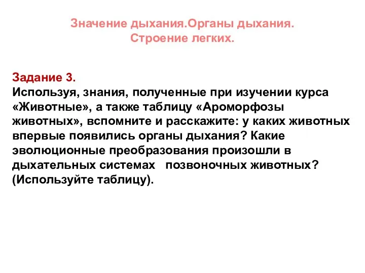 Значение дыхания.Органы дыхания. Строение легких. Задание 3. Используя, знания, полученные при