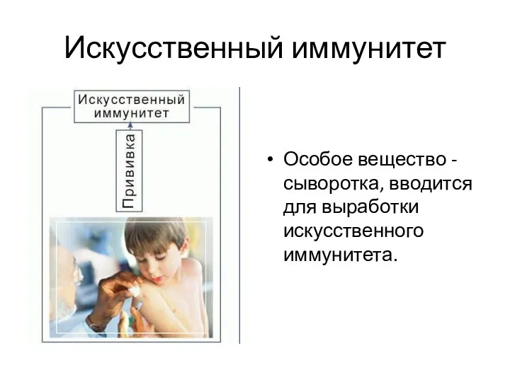 Искусственный иммунитет Особое вещество - сыворотка, вводится для выработки искусственного иммунитета.