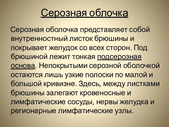 Серозная облочка Серозная оболочка представляет собой внутренностный листок брюшины и покрывает