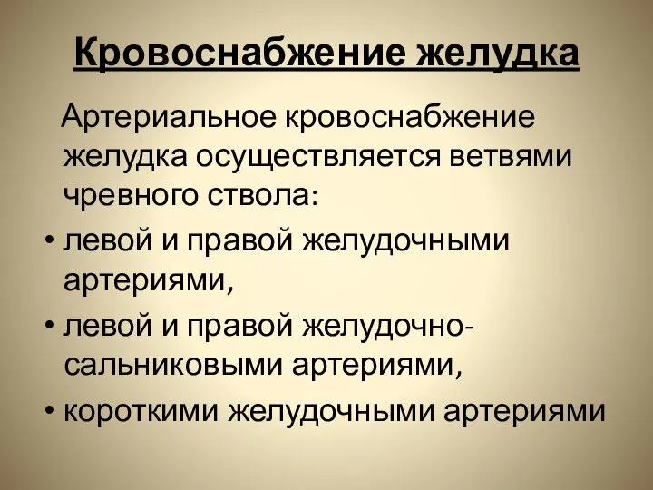 Кровоснабжение желудка Артериальное кровоснабжение желудка осуществляется ветвями чревного ствола: левой и