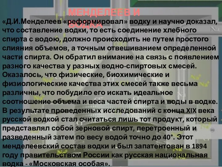 МЕНДЕЛЕЕВ И ВОДКА «Д.И.Менделеев «реформировал» водку и научно доказал, что составление