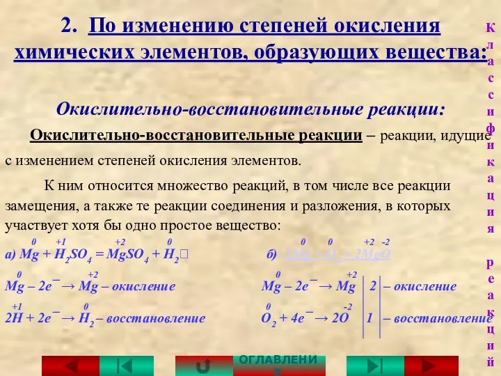 2. По изменению степеней окисления химических элементов, образующих вещества: Окислительно-восстановительные реакции: