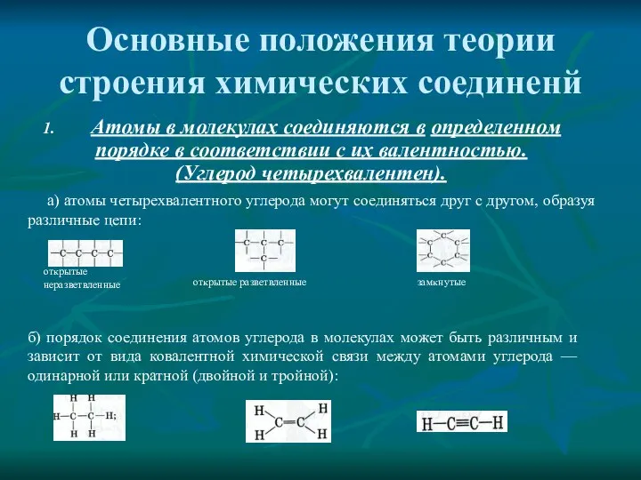 Основные положения теории строения химических соединенй 1. Атомы в молекулах соединяются
