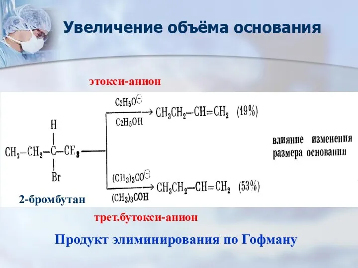 Увеличение объёма основания этокси-анион трет.бутокси-анион 2-бромбутан Продукт элиминирования по Гофману