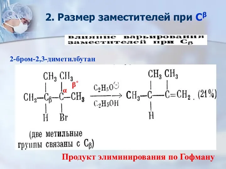 2. Размер заместителей при Сβ α β* β* α β* 2-бром-2,3-диметилбутан Продукт элиминирования по Гофману