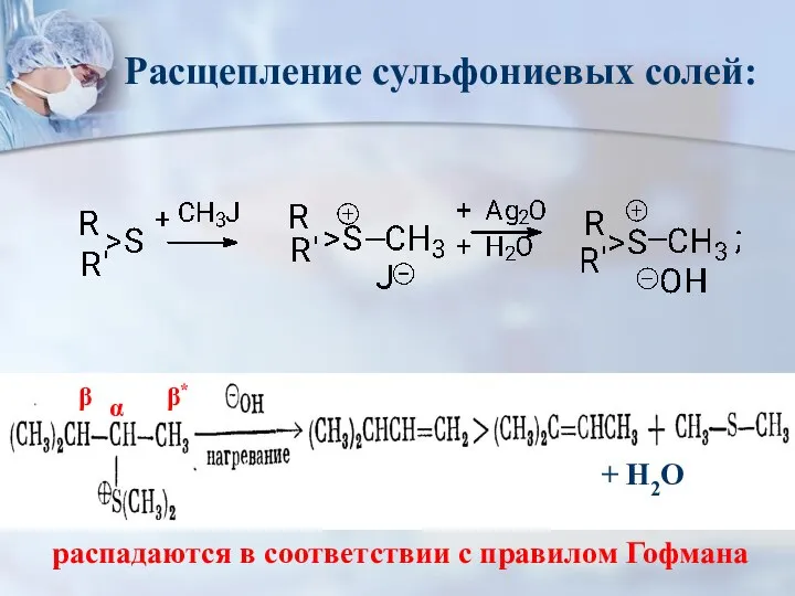 α β* β + Н2О Расщепление сульфониевых солей: распадаются в соответствии с правилом Гофмана