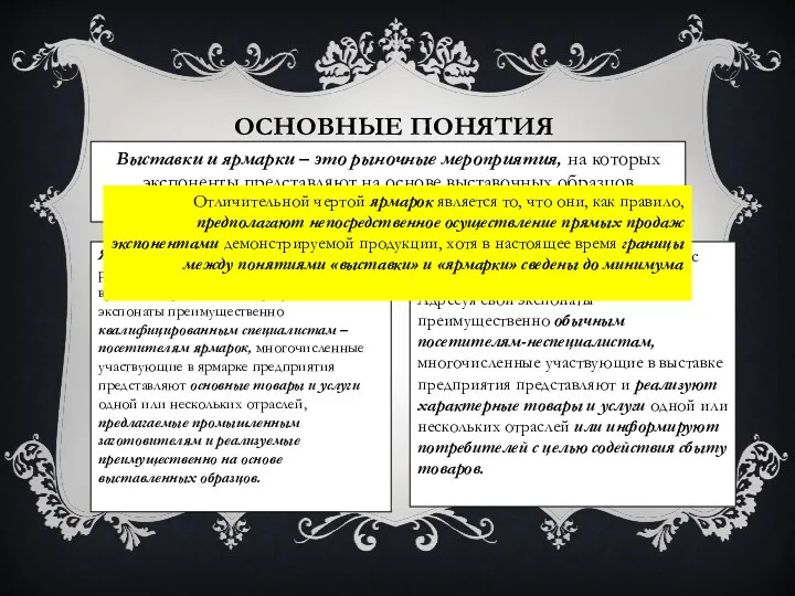 Основные понятия Выставки и ярмарки – это рыночные мероприятия, на которых