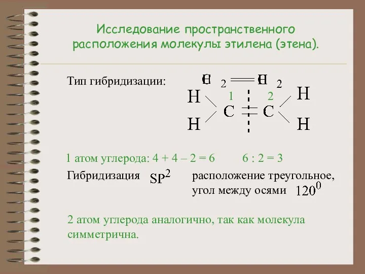 Исследование пространственного расположения молекулы этилена (этена). Тип гибридизации: 1 атом углерода: