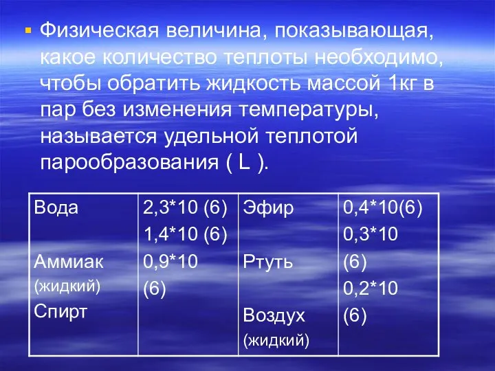 Физическая величина, показывающая, какое количество теплоты необходимо, чтобы обратить жидкость массой