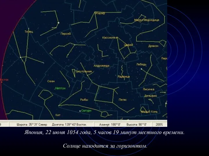 Япония, 22 июня 1054 года, 5 часов 19 минут местного времени. Солнце находится за горизонтом.