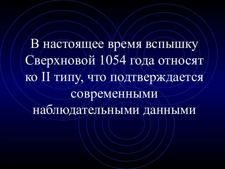 В настоящее время вспышку Сверхновой 1054 года относят ко II типу, что подтверждается современными наблюдательными данными